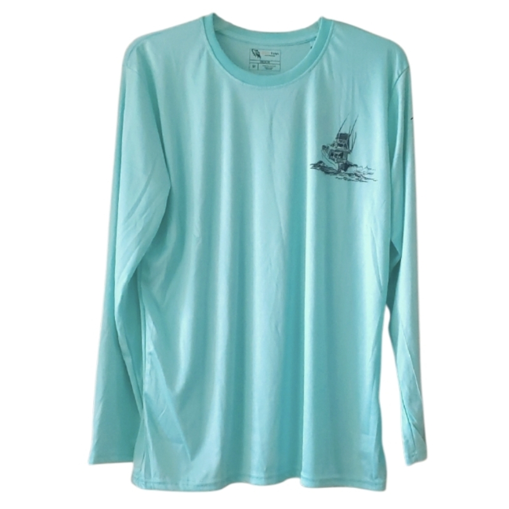 Spicy Tuna Aqua UPF40 Long Sleeve Unisex Swim Shirt With Boats And Fish Size Med